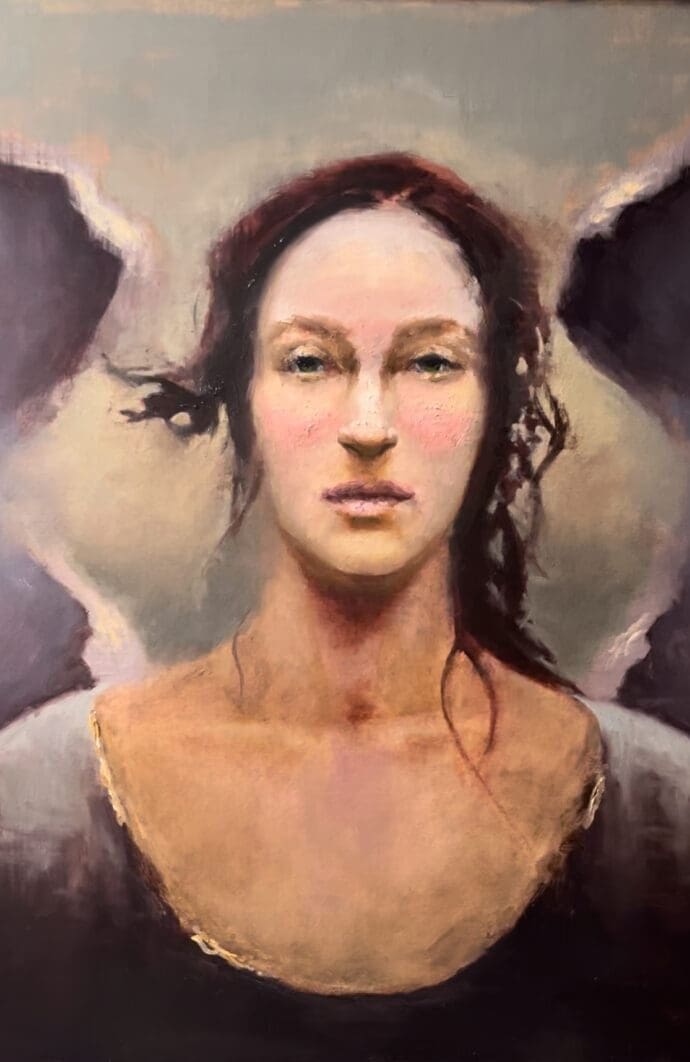 A painting of a woman with long hair.