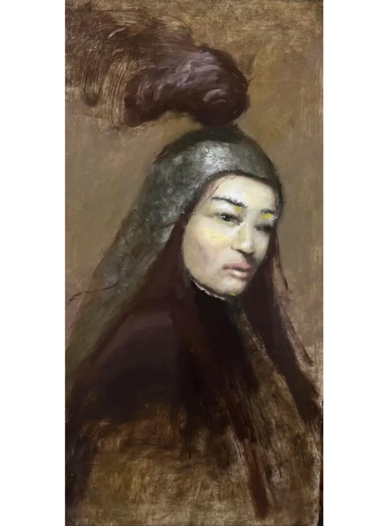 A painting of a woman with long hair and a hat.