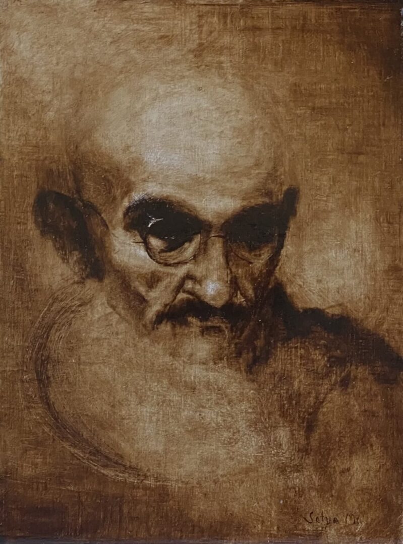 A painting of an old man with a beard and eyes.