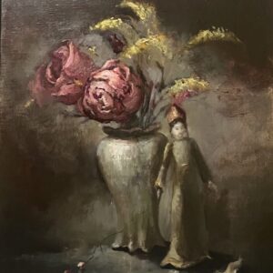 A painting of a woman standing next to a vase with flowers.