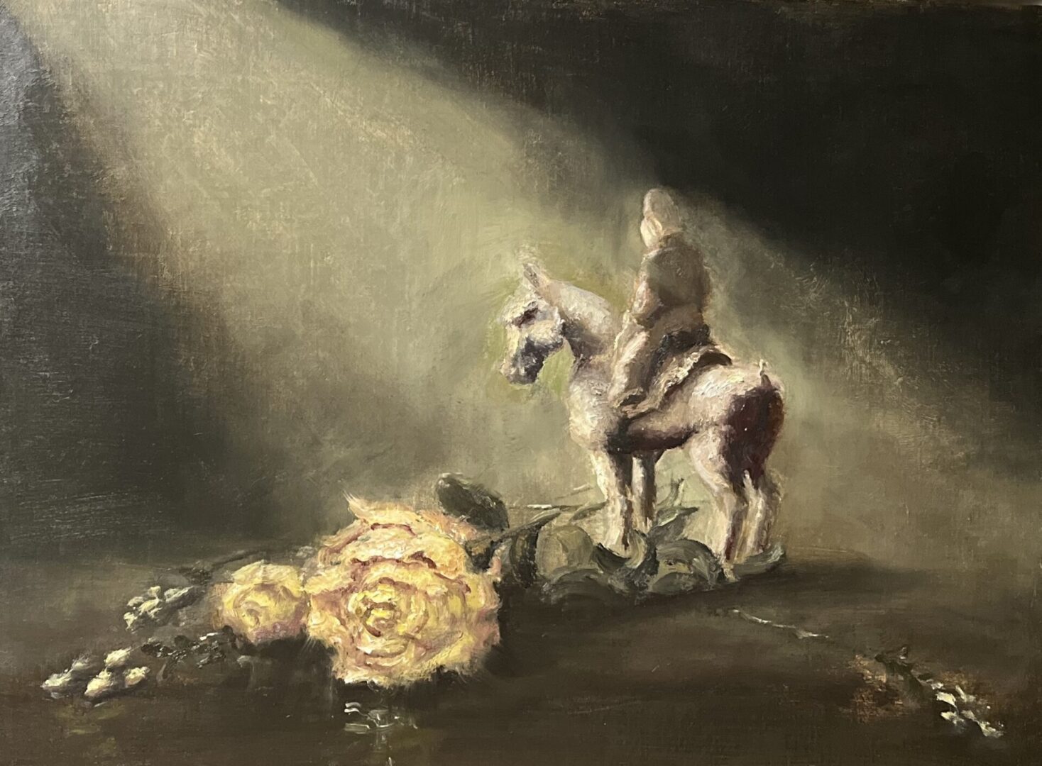 A painting of a man on horseback next to a dead rose.