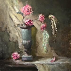 A painting of pink roses in a vase