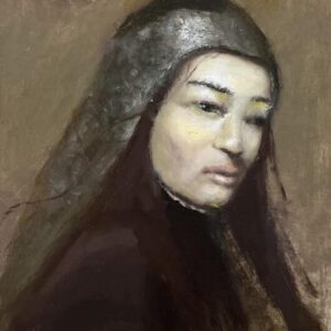 A painting of a woman with long hair and a veil.