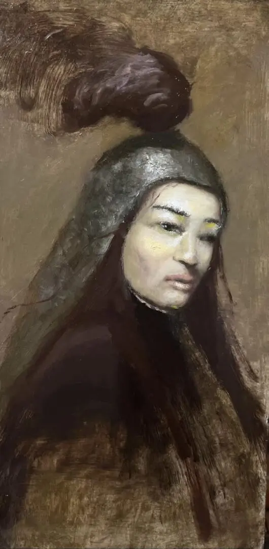 A painting of a woman with long hair and a veil.