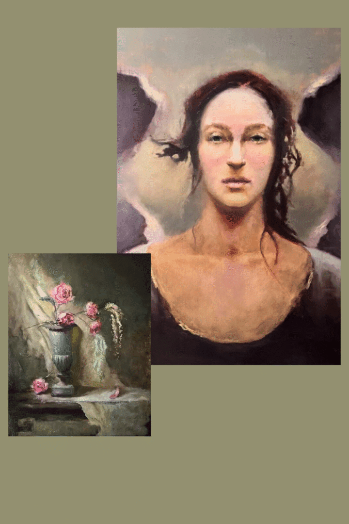 Oil portrait of woman with rose still life