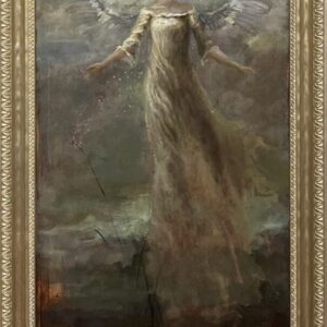 Painting of an angel in ornate frame.