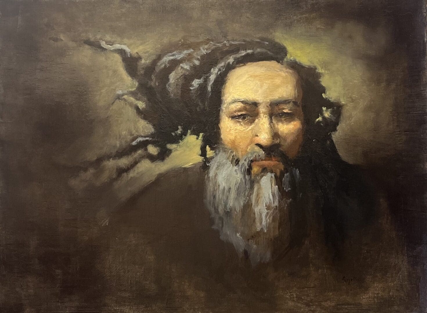 Portrait of man with flowing hair and beard.