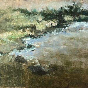 Abstract landscape with green and blue hues.