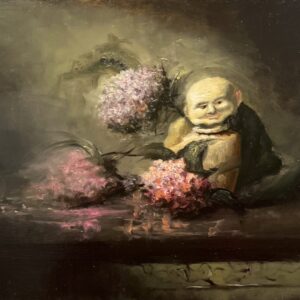 Abstract painting of person with flowers.