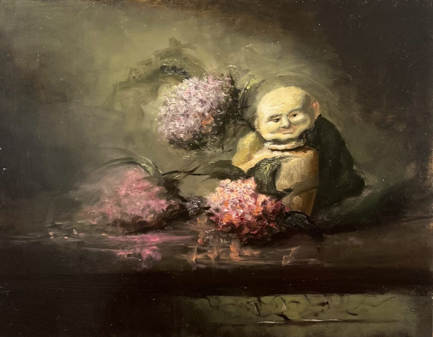 Abstract painting of person with flowers.