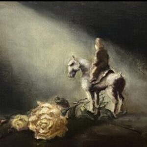 Rider on horse beside yellow rose, spotlight.