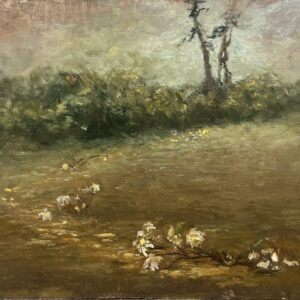 Landscape painting with flowers and trees.