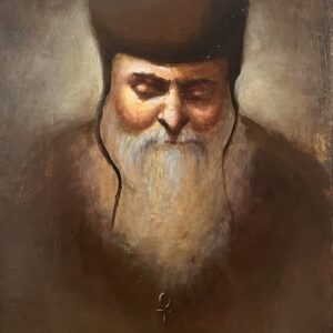 Bearded man with hat and cross.