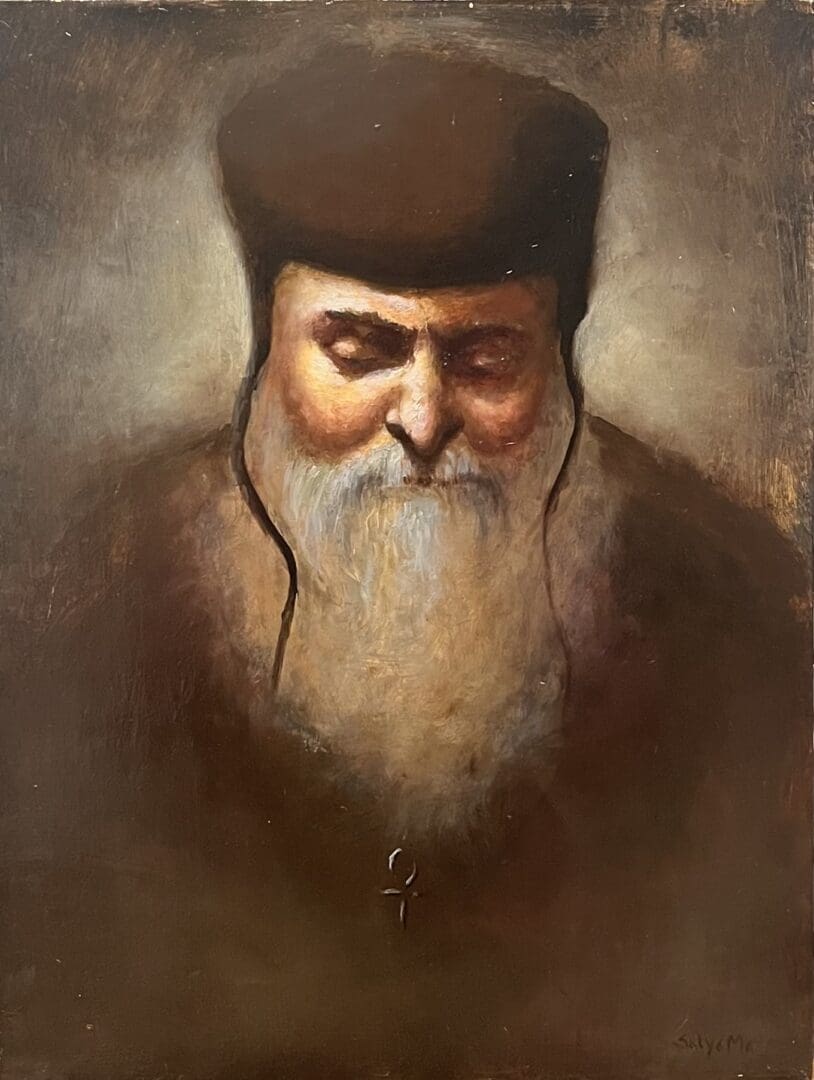 Bearded man with hat and cross.